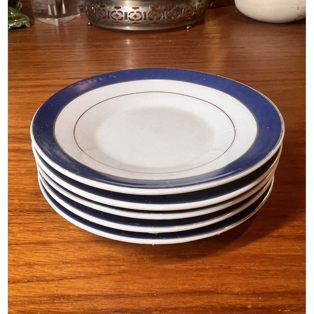 Vintage Porcelain Butter Pat Plates 4.5" - Cobalt Blue & Gold Rim - Set of 5
